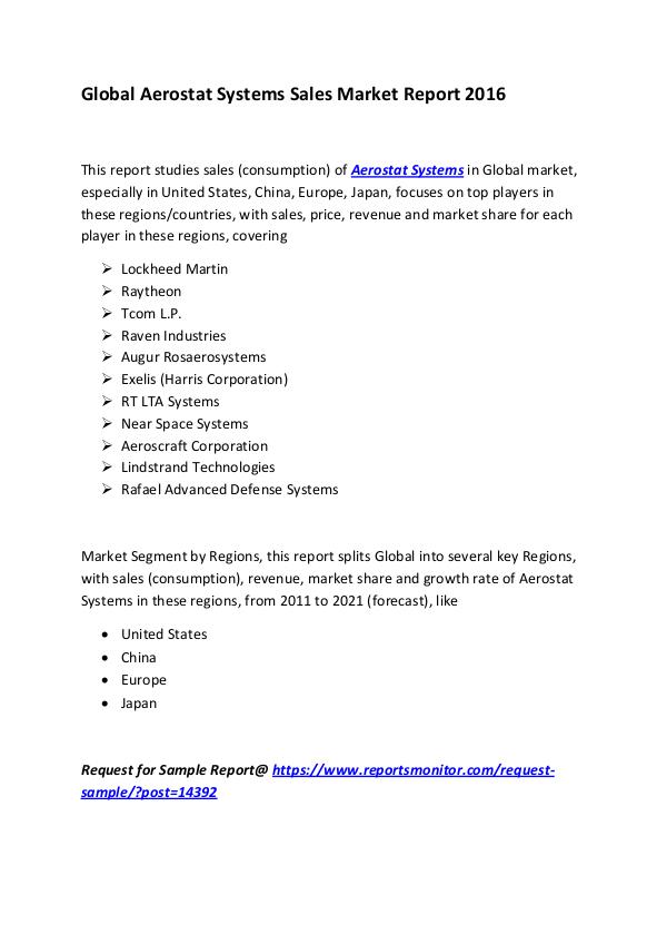 Global Aerostat Systems Sales Market Report 2016