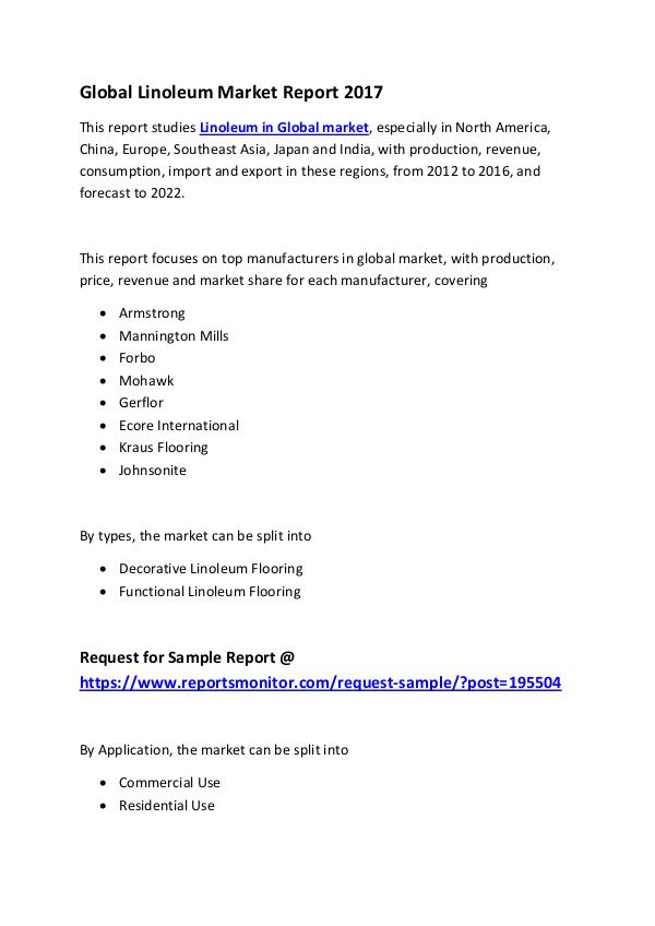 Market Research Reports Global Linoleum Market Report 2017