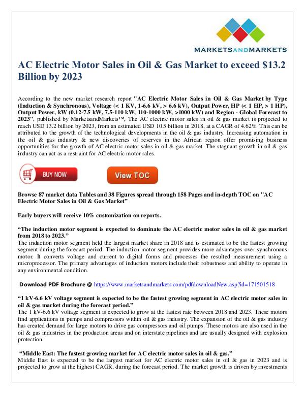 AC Electric Motor Sales in Oil & Gas Market to exceed $13 Bn by 2023 AC Electric Motor Sales in Oil & Gas Market to exc