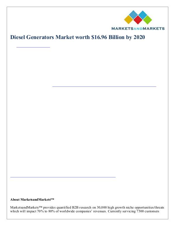 Diesel Generators Market worth $16.96 Billion by 2020 Diesel Generators Market worth $16.96 Bn by 2020