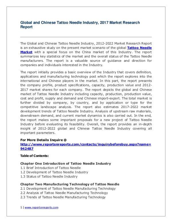 Tattoo Needle Industry Analyzed in New Market Report Tattoo Needle Market 2012-2022 Analysis.
