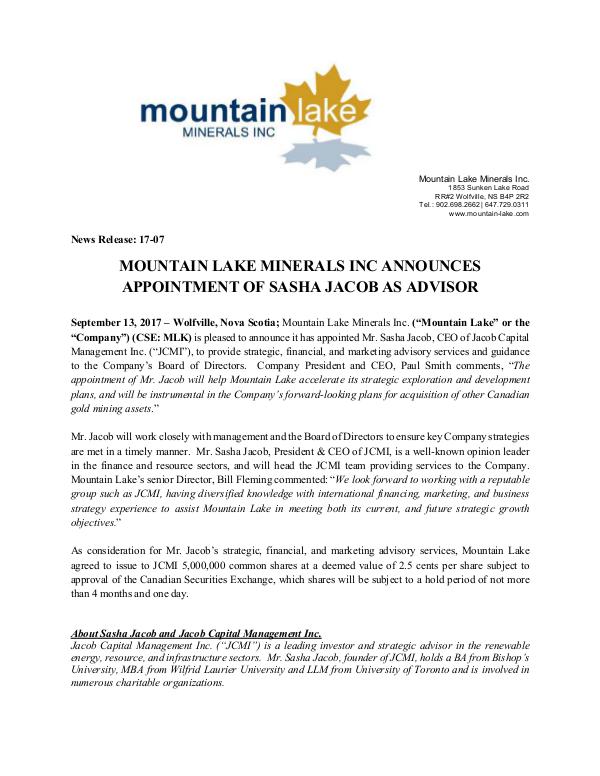 Sasha Jacob - Jacob Capital Management Inc. Mountain Lake Minerals Inc. Announces Appointment