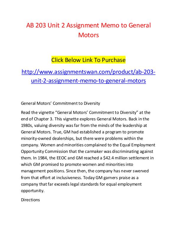 AB 203 Unit 2 Assignment Memo to General Motors-Assignmentswan.com AB 203 Unit 2 Assignment Memo to General Motors-As