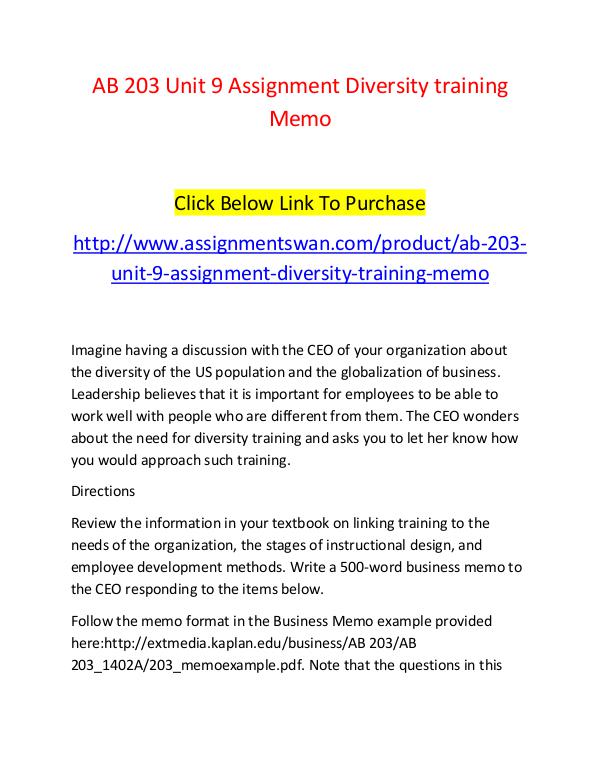 AB 203 Unit 9 Assignment Diversity training Memo-Assignmentswan.com AB 203 Unit 9 Assignment Diversity training Memo-A