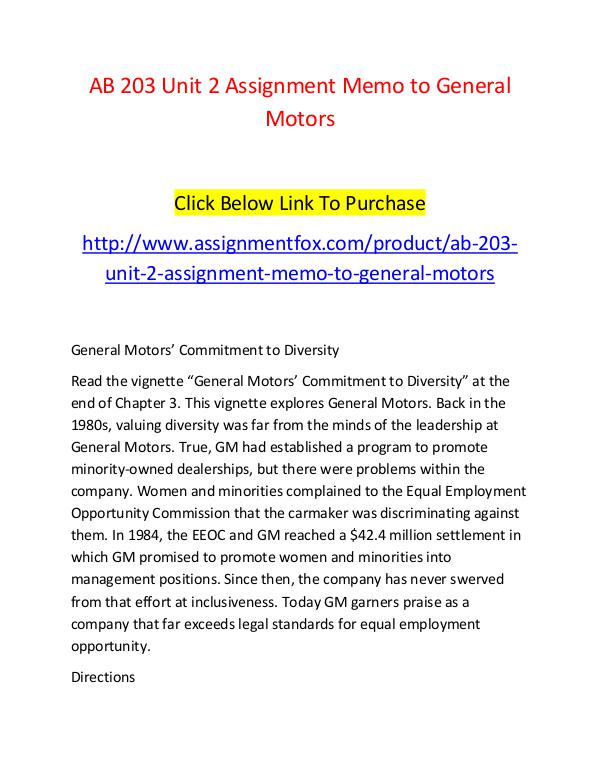 AB 203 Unit 2 Assignment Memo to General Motors-Assignmentfox.com AB 203 Unit 2 Assignment Memo to General Motors-As