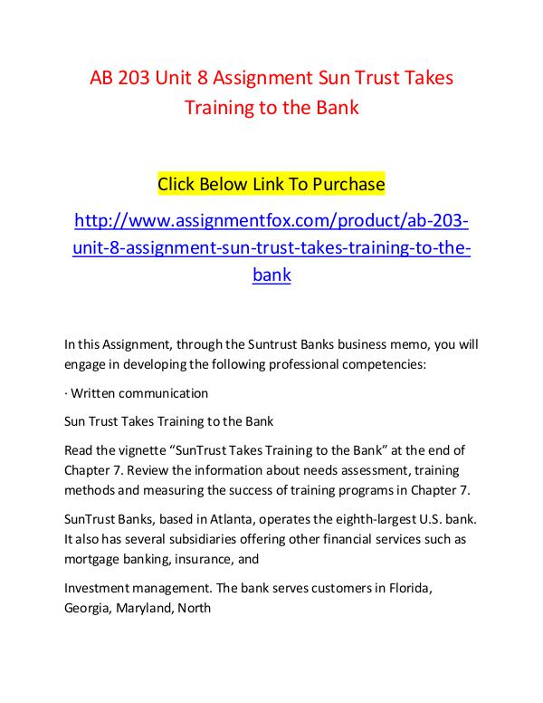 AB 203 Unit 8 Assignment Sun Trust Takes Training to the Bank-Assignm AB 203 Unit 8 Assignment Sun Trust Takes Training