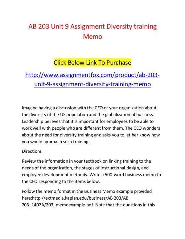 AB 203 Unit 9 Assignment Diversity training Memo-Assignmentfox.com AB 203 Unit 9 Assignment Diversity training Memo-A