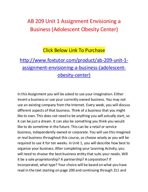 AB 209 Unit 1 Assignment Envisioning a Business (Adolescent Obesity C AB 209 Unit 1 Assignment Envisioning a Business (A