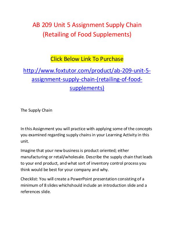 AB 209 Unit 5 Assignment Supply Chain (Retailing of Food Supplements) AB 209 Unit 5 Assignment Supply Chain (Retailing o