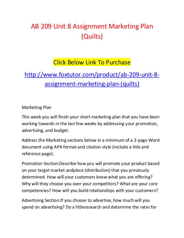 AB 209 Unit 8 Assignment Marketing Plan (Quilts) AB 209 Unit 8 Assignment Marketing Plan (Quilts)