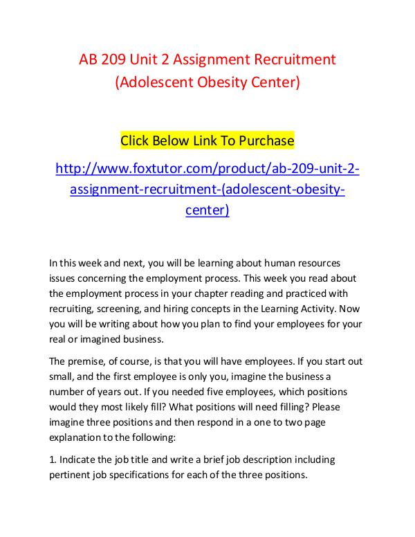 AB 209 Unit 2 Assignment Recruitment (Adolescent Obesity Center) AB 209 Unit 2 Assignment Recruitment (Adolescent O