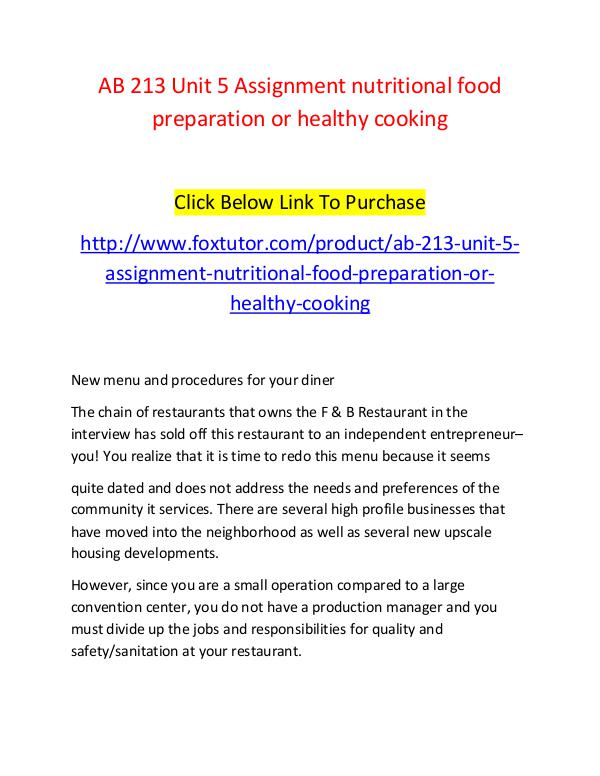 AB 213 Unit 5 Assignment nutritional food preparation or healthy cook AB 213 Unit 5 Assignment nutritional food preparat