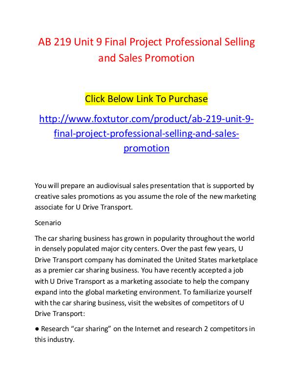 AB 219 Unit 9 Final Project Professional Selling and Sales Promotion AB 219 Unit 9 Final Project Professional Selling a