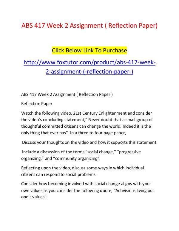 ABS 417 Week 2 Assignment ( Reflection Paper) ABS 417 Week 2 Assignment ( Reflection Paper)