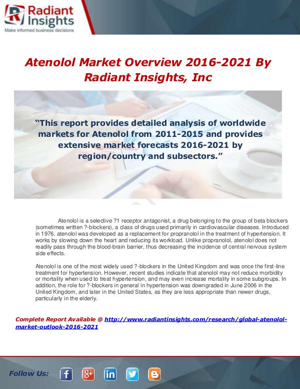 Market Forecasts and Industry Analysis Global Atenolol Market Outlook 2016-2021