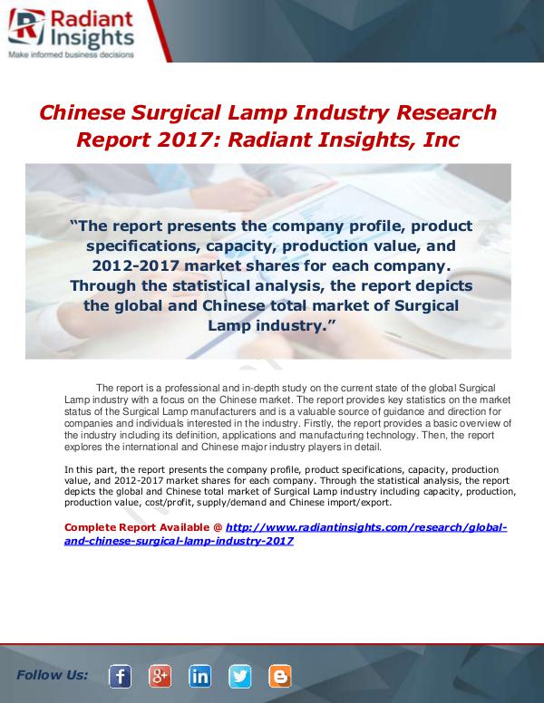 Market Forecasts and Industry Analysis Global and Chinese Surgical Lamp Industry, 2017 Ma