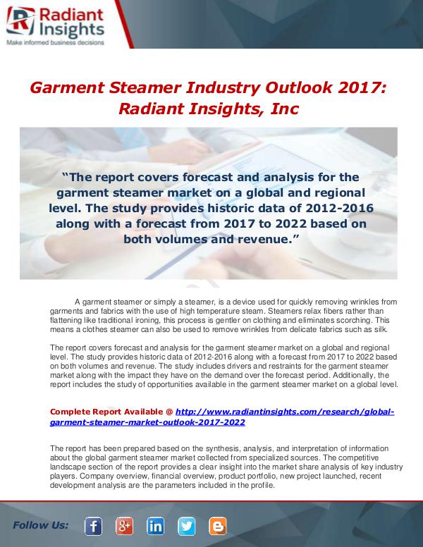 Market Forecasts and Industry Analysis Global Garment Steamer Market Outlook 2017-2022