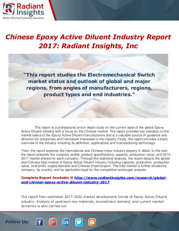 Market Forecasts and Industry Analysis Global and Chinese Epoxy Active Diluent Industry,