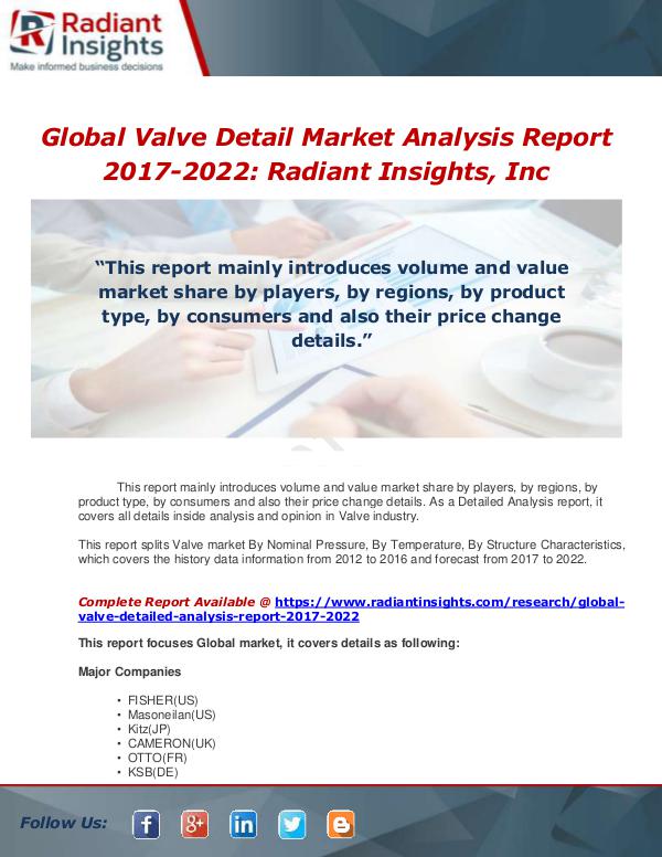 Market Forecasts and Industry Analysis Global Valve Detailed Analysis Report 2017-2022
