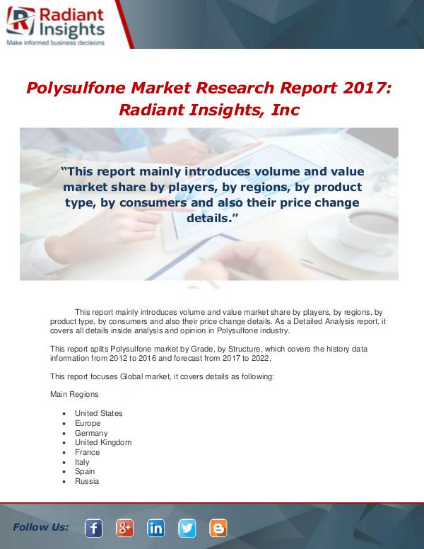 Market Forecasts and Industry Analysis Global Polysulfone Detailed Analysis Report 2017-2