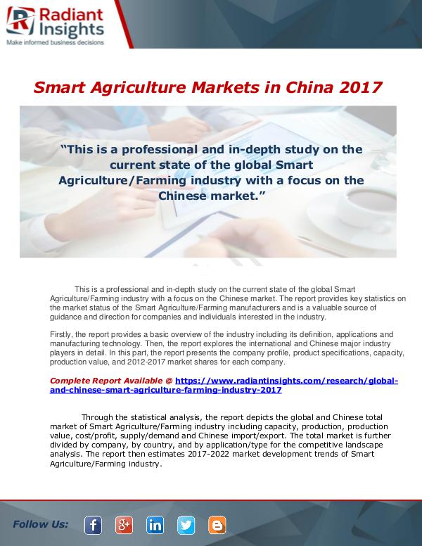 Market Forecasts and Industry Analysis Chinese Smart AgricultureFarming Industry, 2017 Ma