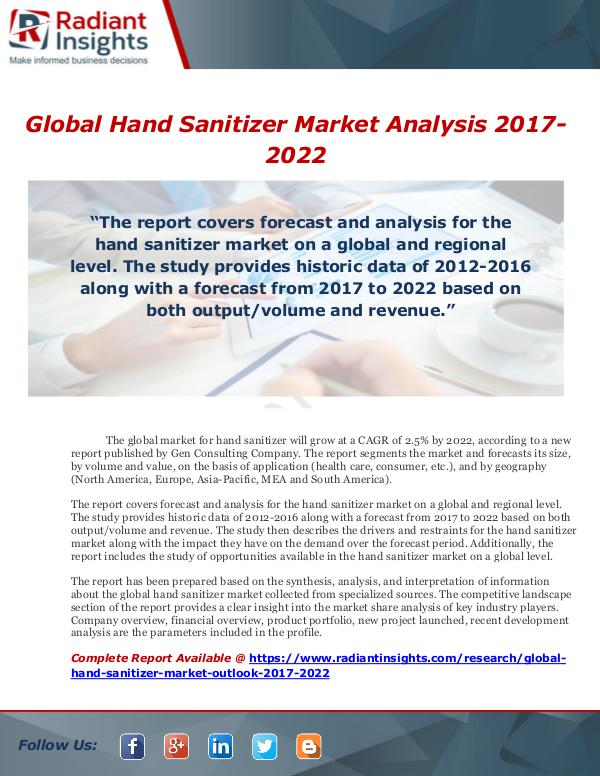 Market Forecasts and Industry Analysis Global Hand Sanitizer Market Analysis 2017-2022