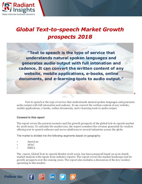 Market Forecasts and Industry Analysis Global Text-to-speech Market Growth prospects 2018