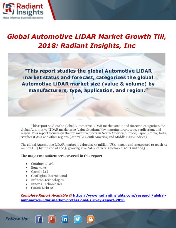 Market Forecasts and Industry Analysis Global Automotive LiDAR Market Growth Till, 2018 R
