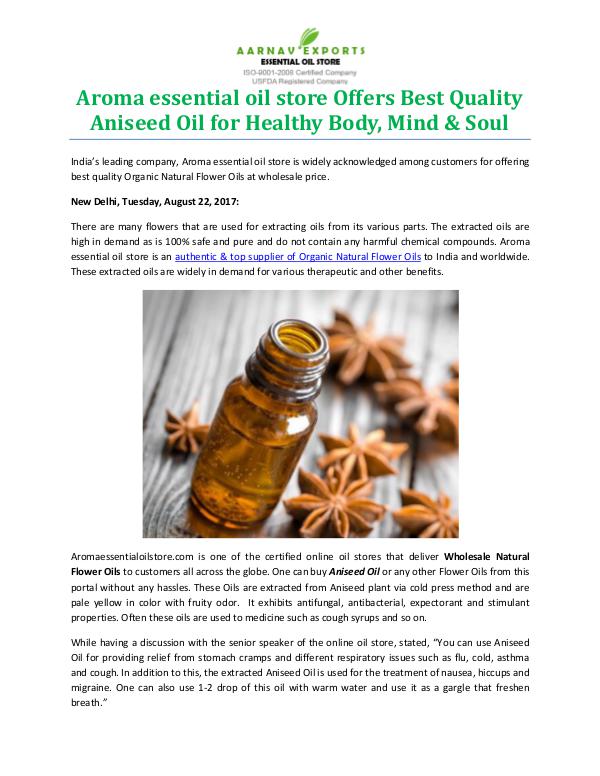 Aroma essential oil store Offers Best Quality Aniseed Oil for Healthy Body, Mind & Soul