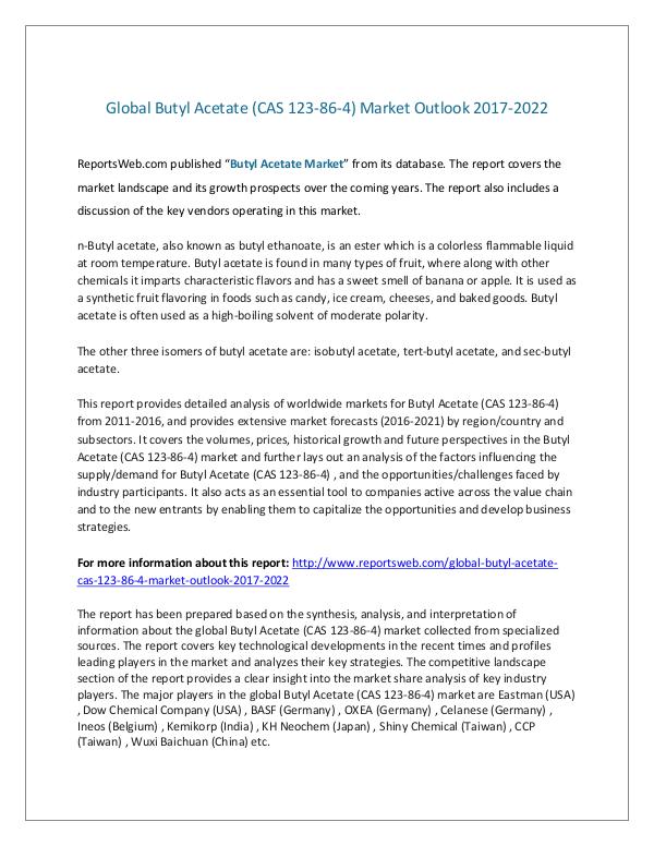 Global Butyl Acetate Market Outlook 2017-2022