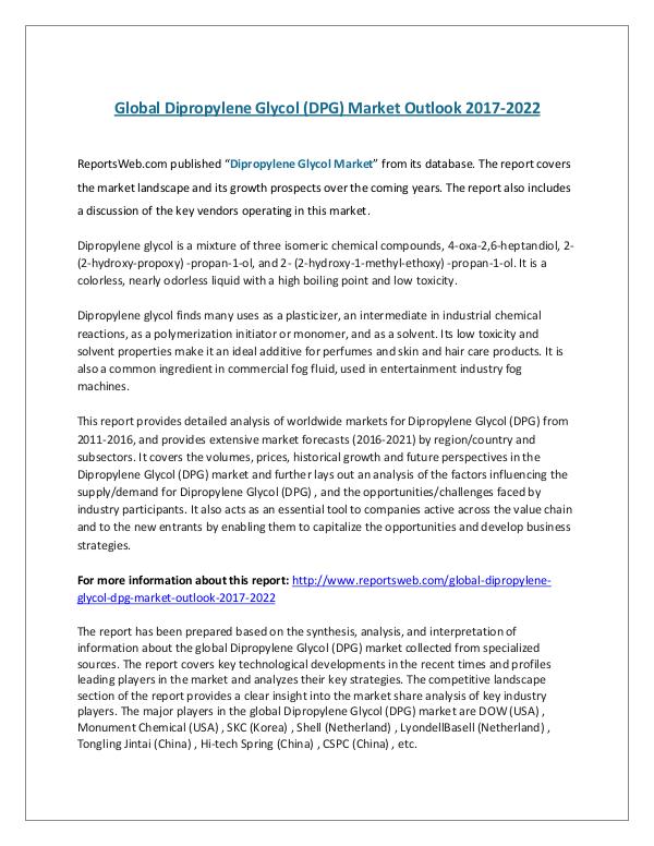 Global Dipropylene Glycol Market Outlook 2017-2022