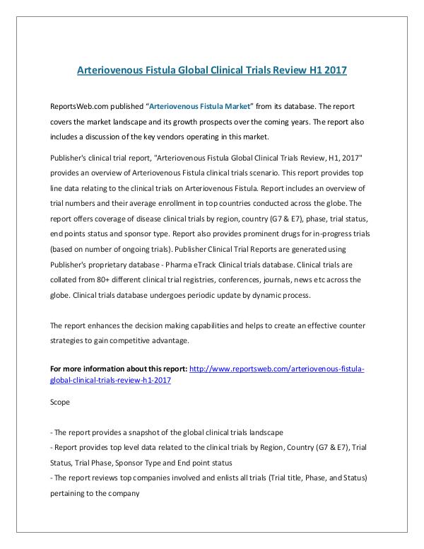 Monthly Global Upstream Review March 2017 Arteriovenous Fistula Global Clinical Trials Revie