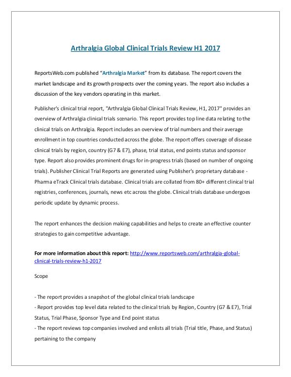 Monthly Global Upstream Review March 2017 Arthralgia Global Clinical Trials Review H1 2017