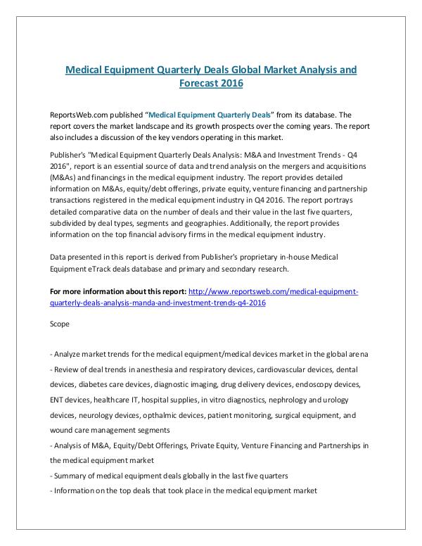 Medical Equipment Quarterly Deals Global Market An