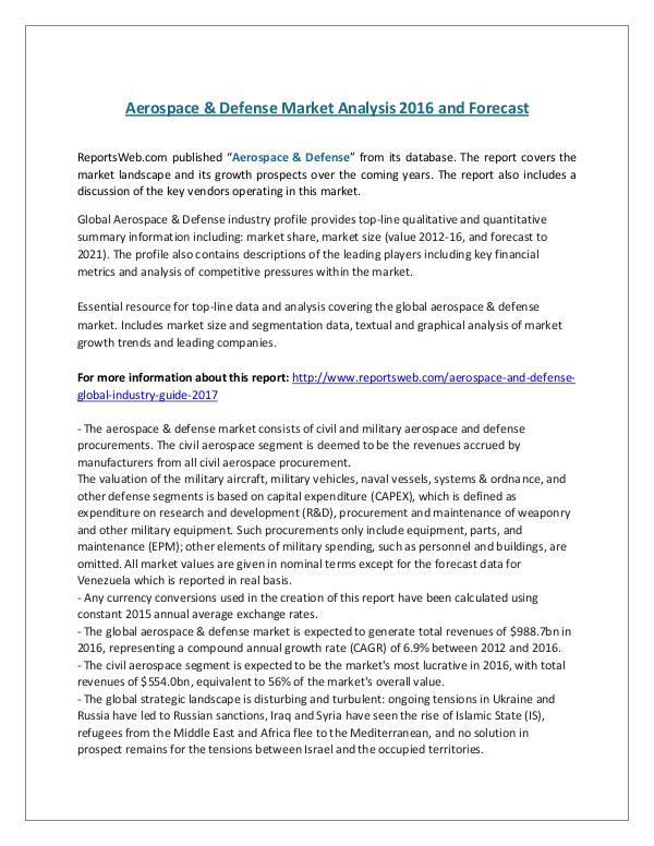 Aerospace & Defense Market Analysis 2016 and Forec
