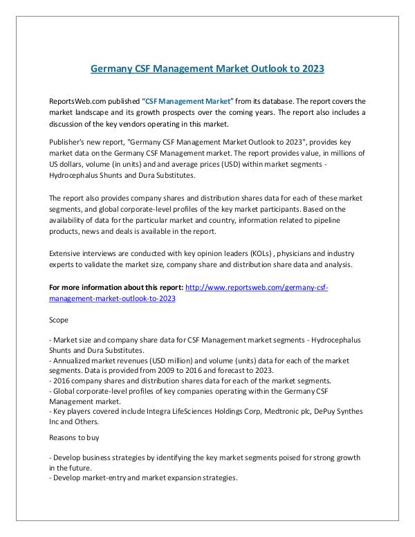 Germany CSF Management Market Outlook to 2023