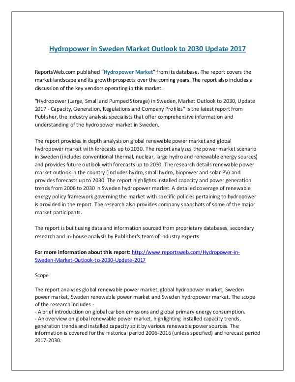 ReportsWeb- Hydropower in Sweden Market Outlook to 2030 Update