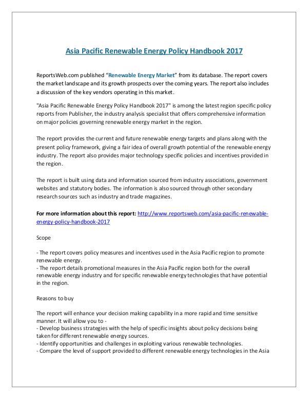 Asia Pacific Renewable Energy Policy Handbook 2017