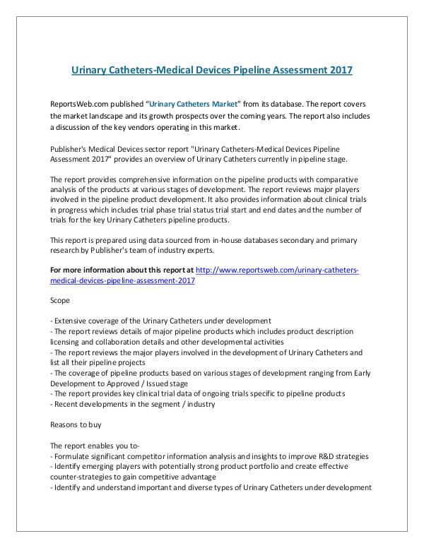 Urinary Catheters-Medical Devices Pipeline Assessm