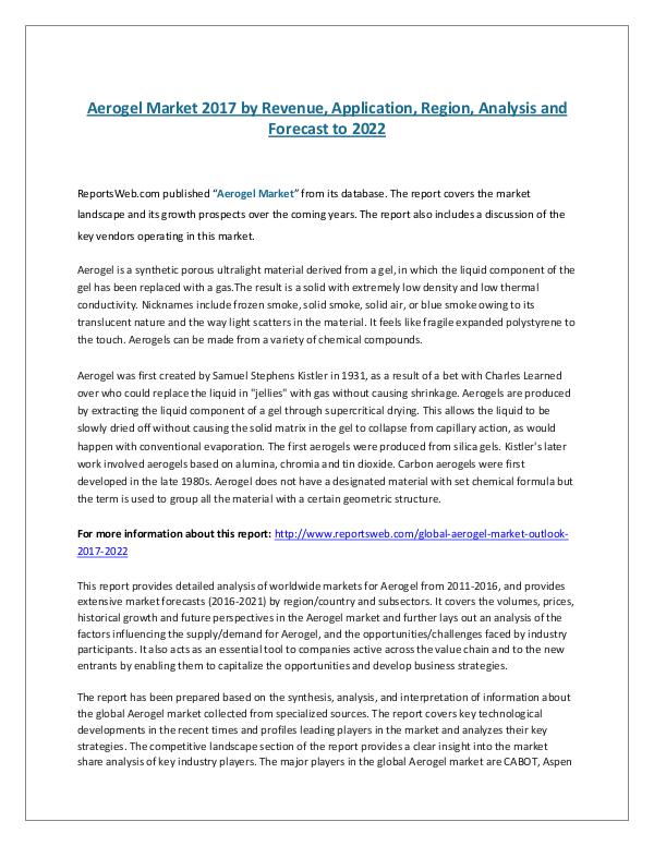 ReportsWeb- Aerogel Market 2017 by Revenue, Application, Regio