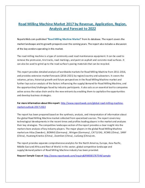 ReportsWeb- Road Milling Machine Market 2017 by Revenue, Appli