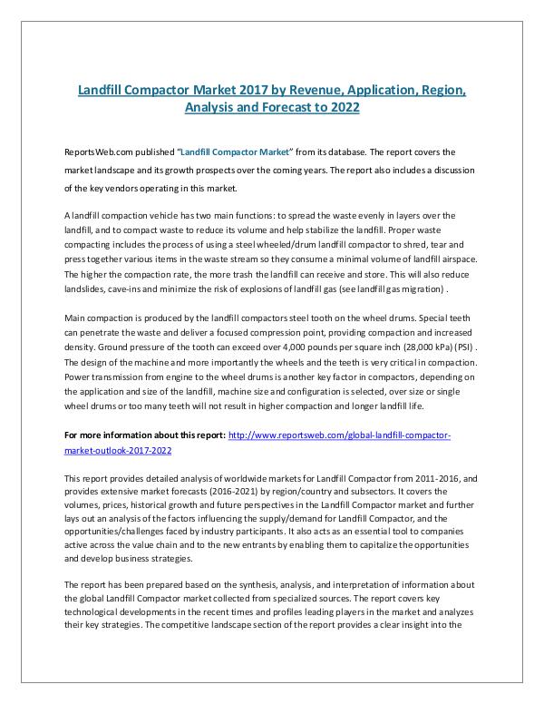 ReportsWeb- Landfill Compactor Market 2017 by Revenue, Applica