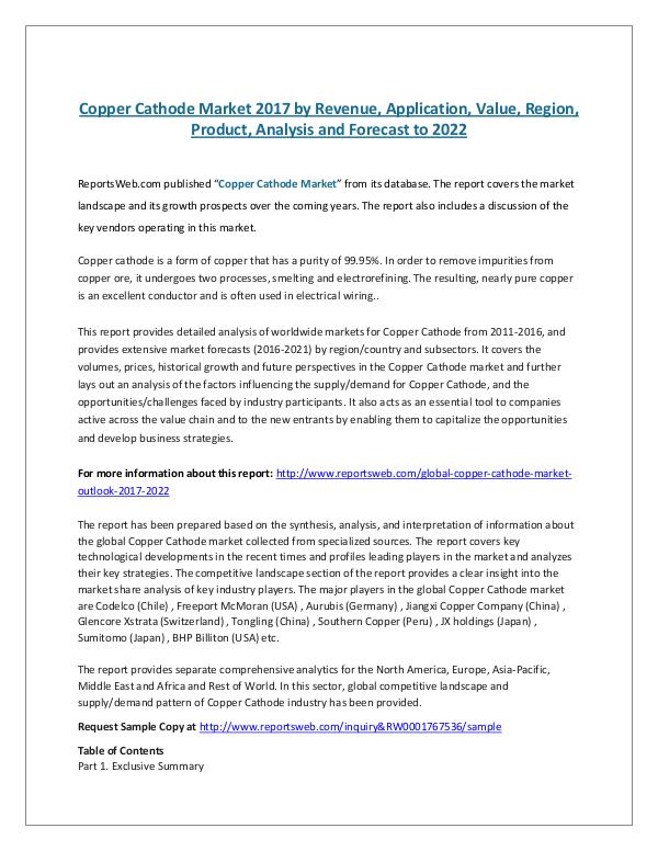 ReportsWeb- Copper Cathode Market 2017 by Revenue, Application