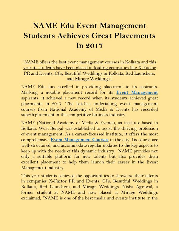 NAME Edu Event Management Students Achieves Great Placements In 2017 NAME_Edu_Event_Management_Students