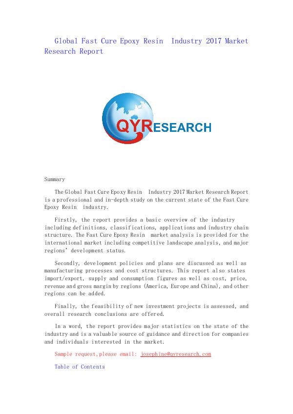 Global Fast Cure Epoxy Resin  Industry 2017 Market