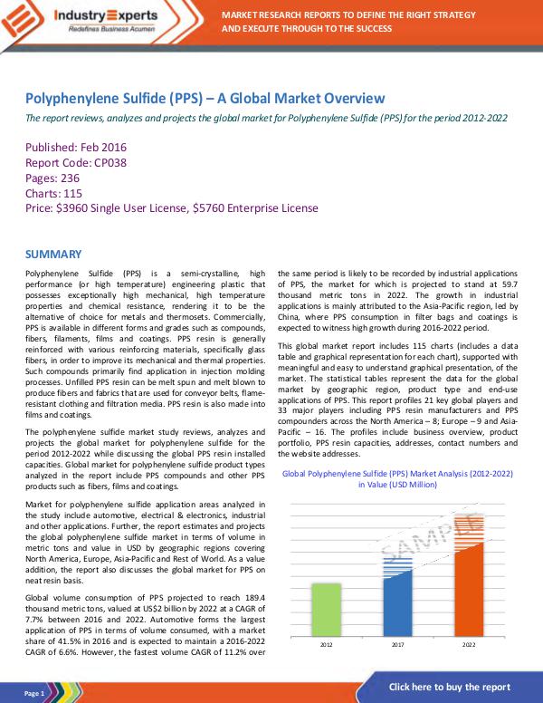 Chemicals and Materials Polyphenylene Sulfide (PPS) – A Global Market Over
