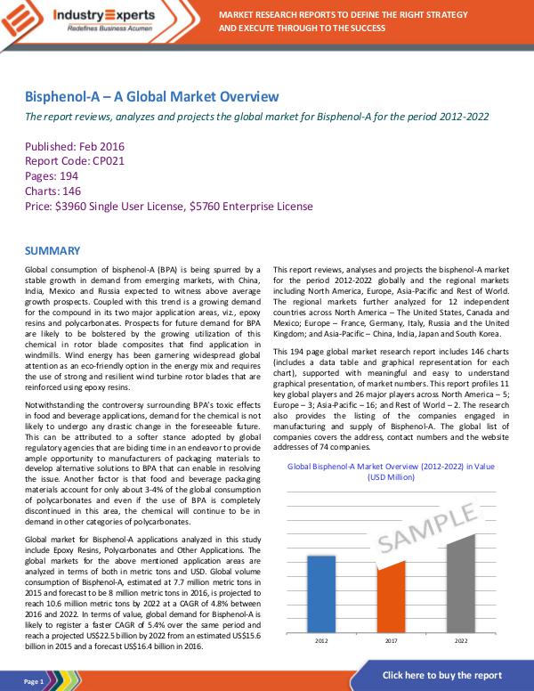 Chemicals and Materials Bisphenol-A – A Global Market Overview