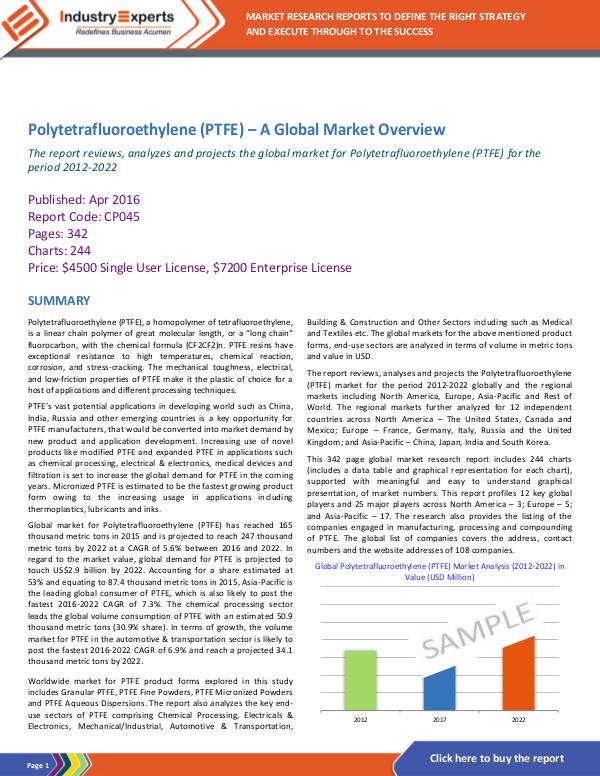 Chemicals and Materials Polytetrafluoroethylene (PTFE) – A Global Market