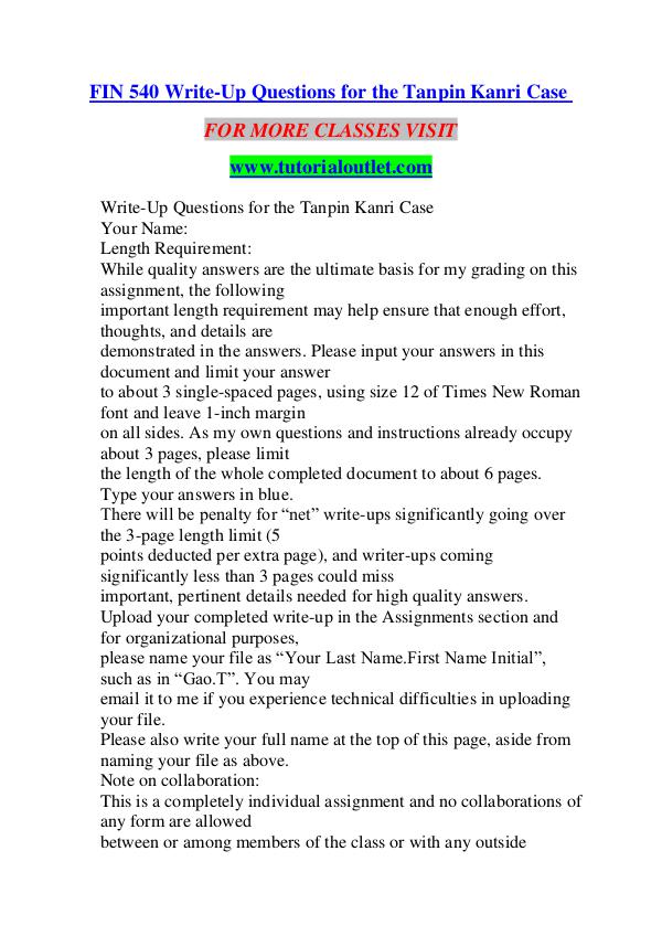 FIN 540 WRITE-UP QUESTIONS FOR THE TANPIN KANRI CASE/ TUTORIALOUTLET FIN 540 WRITE-UP QUESTIONS FOR THE TANPIN KANRI CA