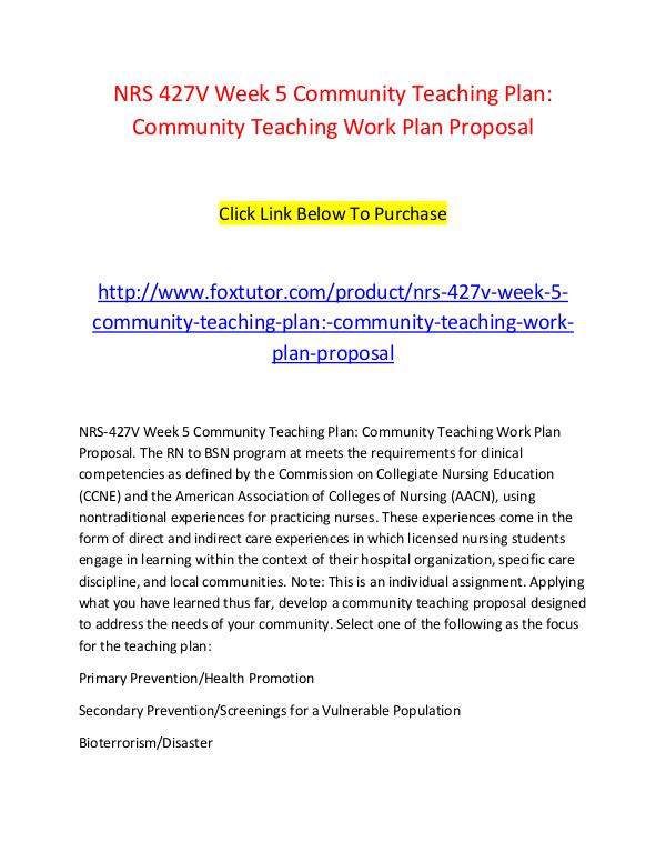 NRS 427V Week 5 Community Teaching Plan Community Teaching Work Plan NRS 427V Week 5 Community Teaching Plan Community